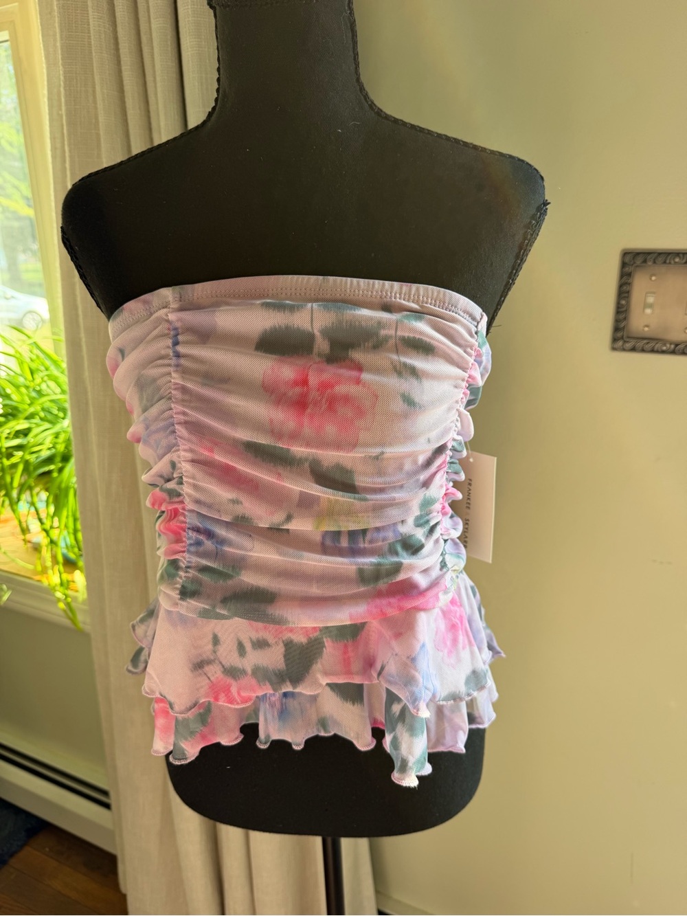 Ruched Strapless Floral Cami in Pastel Pink